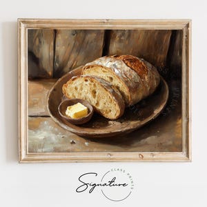 Può includere: Un dipinto di un tavolo di legno rustico con un piatto di ceramica marrone che contiene due fette di pane croccante e una piccola ciotola di burro. Il pane è di colore marrone dorato e il burro è di colore giallo pallido. Lo sfondo è di legno marrone scuro.