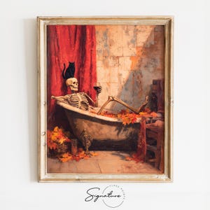 May include: Framed artwork depicting a skeleton relaxing in a bathtub, holding a glass of wine. A black cat sits atop the skeleton's head. The scene is filled with autumn leaves and a red curtain. The artwork is signed "Signature".
