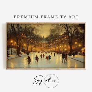 May include: A painting depicting a winter scene with people ice skating on a frozen pond. The pond is surrounded by trees and buildings, and there are fairy lights strung up overhead. The scene is illuminated by the warm glow of streetlights and the lights on the buildings.