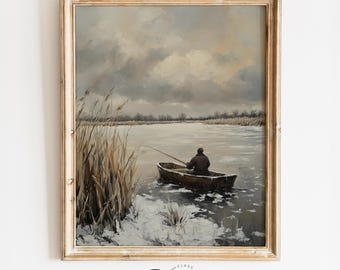 Moody Winter Landscape Printable - Lone Fisherman in Skiff, Vintage Rustic Lake Scene, Muted Wall Art, Digital Download, Calming 4107