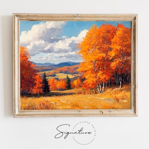 Printable Autumn Mountain Meadow - Earthy Fall Landscape Art, Vibrant Hills, Birch Trees, Rustic Moody Autumn Wall Decor | 1268