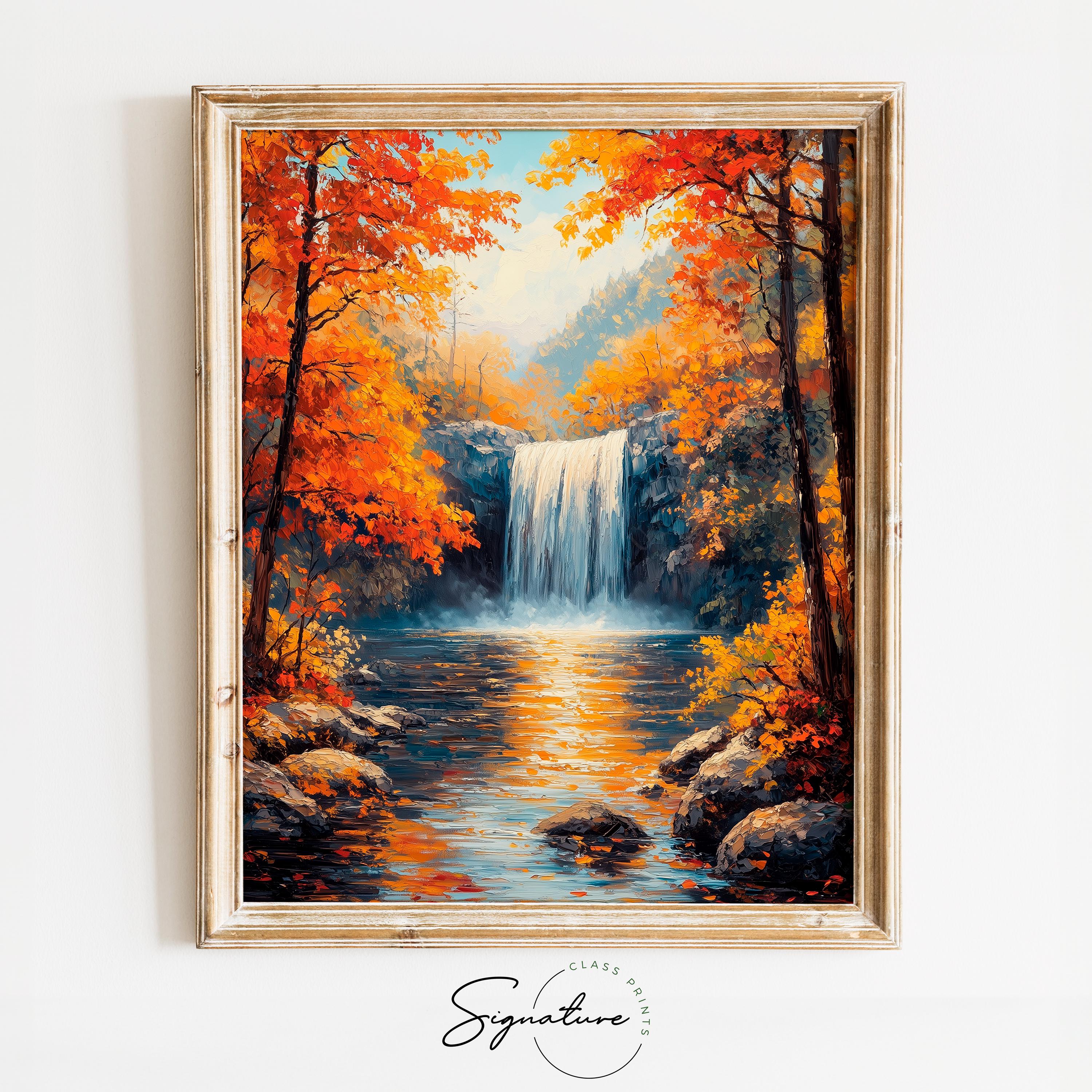 Autumn Waterfall Surrounded by Golden Trees, Rustic Fall Forest