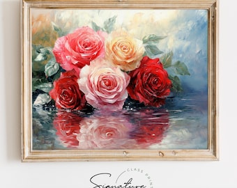 Felrode en roze rozen schilderij - romantische Valentijnsdag bloemen kunst aan de muur, Cottagecore botanisch decor, afdrukbaar digitaal kunstwerk 3576