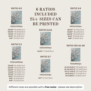 K&ouml;nnte beinhalten: Eine digitale Illustration eines zarten, hellblauen und wei&szlig;en Blumenmusters. Das Bild zeigt 6 verschiedene Seitenverh&auml;ltnisse zum Drucken, mit &uuml;ber 25 verf&uuml;gbaren Gr&ouml;&szlig;en. Der Text "6 Ratios Included 25+ Sizes Can Be Printed" wird in fetter, schwarzer Schrift angezeigt.