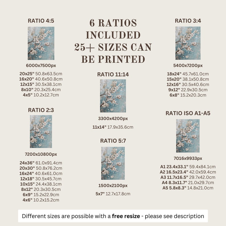 K&ouml;nnte beinhalten: Eine digitale Illustration eines zarten, hellblauen und wei&szlig;en Blumenmusters. Das Bild zeigt 6 verschiedene Seitenverh&auml;ltnisse zum Drucken, mit &uuml;ber 25 verf&uuml;gbaren Gr&ouml;&szlig;en. Der Text "6 Ratios Included 25+ Sizes Can Be Printed" wird in fetter, schwarzer Schrift angezeigt.