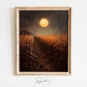 Harvest Moon over Cornfield Painting - Moody Autumn Landscape Art, Rustic Fall Decor, Earthy Digital Wall Art, Instant Download 1361