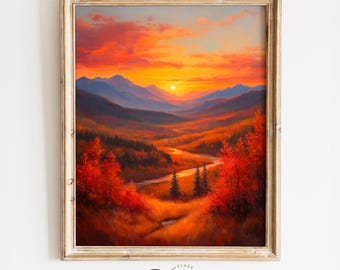 Printable Autumn Hillside Sunset - Vast Fall Landscape Painting, Earthy Art with Mountains, Rustic Wall Decor, Cottagecore Vibe 4094