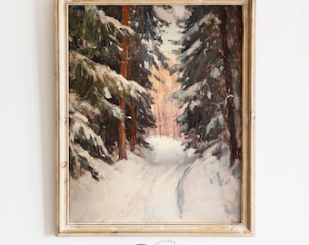 Printable Serene Winter Landscape - Rustic Path through Snowy Evergreens, Moody Vintage Winter Painting, Cozy Digital Wall Art 4111