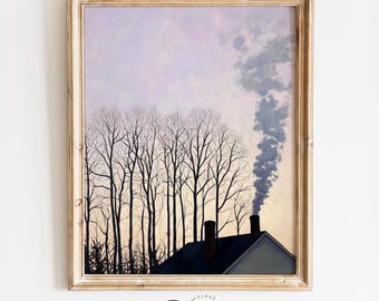 Moody Winter Trees Silhouette with Cozy Cottage - Rustic Farmhouse Landscape, Minimalist Winter Scene, Muted Pastel Sky, Printable Art 4122