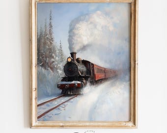 Moody Steam Train Painting Through Snowy Mountains - Vintage Winter Landscape Art, Dramatic Snow Scene, Printable Railway Wall Decor 4121