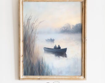 Rustic River Fishermen Painting - Vintage Tranquil Lakeside Scene, Moody Misty Morning Art, Cottagecore Countryside Decor, Printable 4110