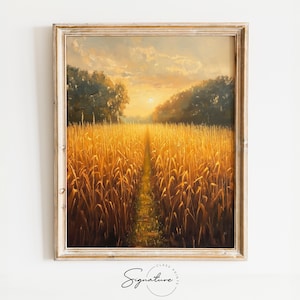 May include: A painting of a field of tall golden corn stalks with a path leading through the middle. The sun is setting in the distance, casting a warm glow over the scene.