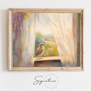 May include: A painting of a small bird perched on a windowsill, looking out at a field of wildflowers. The window is open, and white curtains billow in the breeze. The painting is framed in a light wood frame.