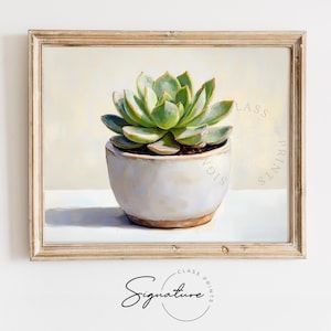 May include: A painting of a succulent plant in a white pot. The succulent is green and has a rosette shape. The background is a light beige color.