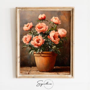 Puede incluir: Una pintura al óleo vintage de una maceta de terracota llena de un ramo de peonías rosas. Las flores están dispuestas en un jarrón sobre un fondo marrón.