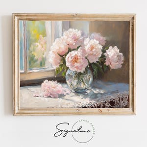 Pale Pink Peony Bouquet in a Glass Vase - Vintage Floral PRINTABLE, Spring Cottagecore Wall Art, Romantic Painting, Pastel Decor 3752