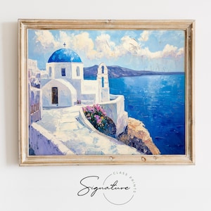 Santorini White Chapel with Blue Domes - Romantic Coastal Wall Art, Vibrant Greek Landscape Painting, Mediterranean Digital Decor 3602