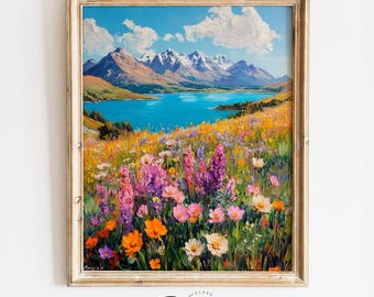 Wildflower-covered Hills Printable Wall Art - Moody Lake Tekapo Landscape, Rustic Earthy Scene, Vintage Cottagecore Decor 3983