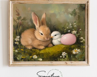 Sleeping Bunny with Baby Chick - Easter Rabbit Printable, Spring Nursery Art, Vintage Bunny Painting, Farmhouse Animal Decor 3721