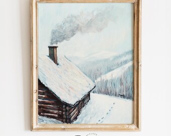 Rustic Winter Cottage in Snow - Printable Cozy Winter Landscape Art, Moody Cottagecore Scene, Farmhouse Wall Decor, Digital Art Print 4115
