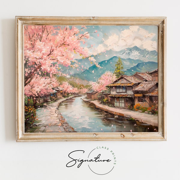 Cherry Blossom River Scene Printable Art - Serene Japanese Landscape Wall Print, Large Peaceful Mountain Village Decor Printable Artwork 606
