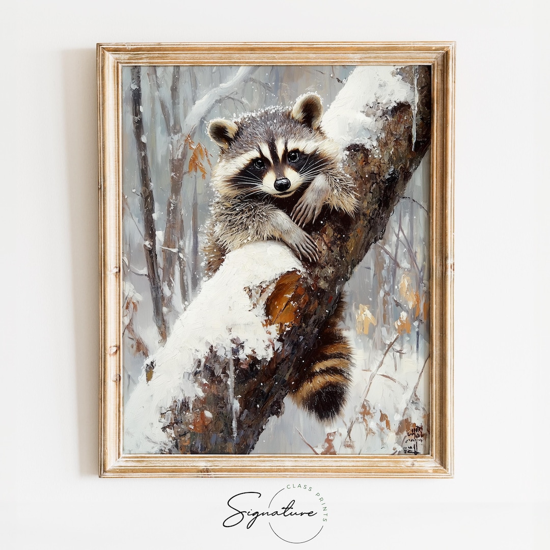 Rustic Raccoon Raccoon in Snow-covered Tree - Rustic Winter Wildlife Art, Cozy Nature ...