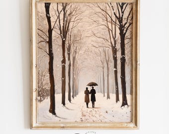 Romantic Couple Under Umbrella Printable - Vintage Winter Avenue Painting, Moody Tree-Lined Path, Serene Scene Art, Digital Art 4101
