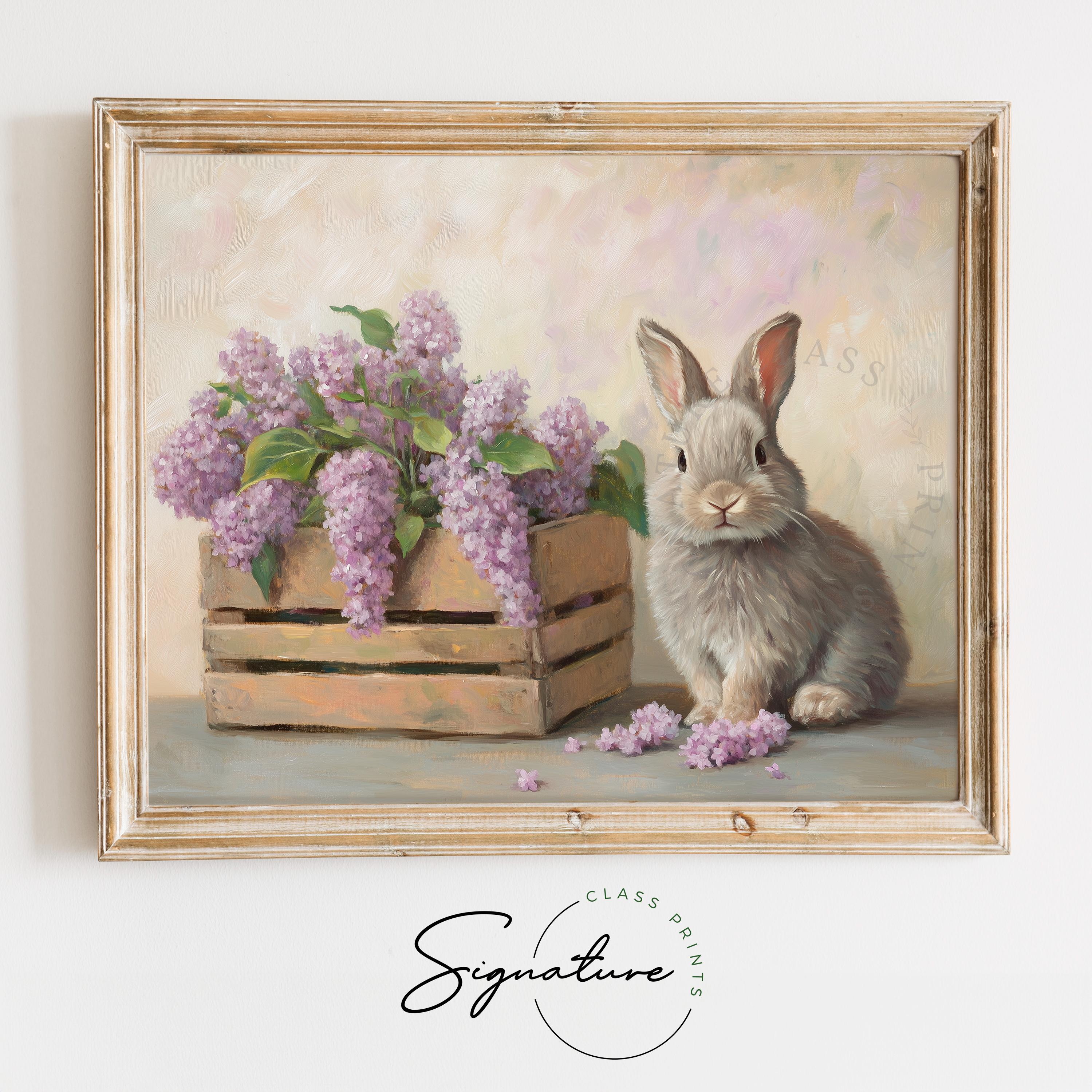 Fluffy Gray Bunny With Lilacs in Wooden Crate - Spring Rabbit