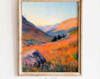 Rustic Mountain Landscape Print - Scenic Panoramic View, Cottagecore Wall Art, Warm Sunset Colors, Printable Nature Decor for Home 4081