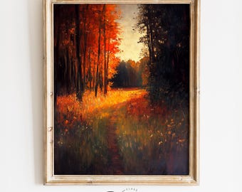 Autumn Forest Path at Sunset - Rustic Sunlit Field Landscape, Earthy Fall Colors, Cottagecore Wall Art, Printable Decor, Vintage Style 4089