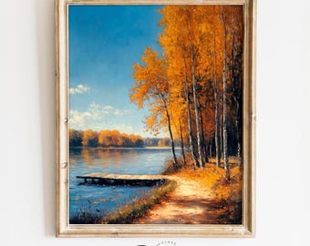 Lakeside Autumn Pathway - Printable Fall Landscape Art, Golden Trees by Water, Rustic Scenic Nature Decor, Cozy Cottagecore Wall Print 4070