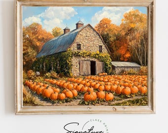 May include: A painting of a stone barn with a weathered wooden door, surrounded by a field of orange pumpkins. The barn is covered in ivy and has a blue roof. The sky is blue with white clouds.