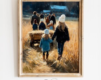 子供たちと楽しむ秋の素朴な干し草の馬車 - ヴィンテージの秋の風景画