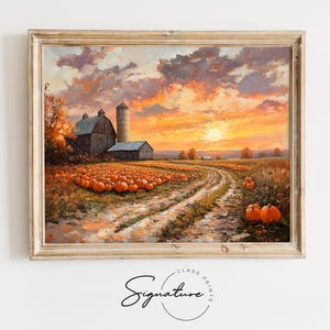 May include: A painting of a rustic barn with a silo in a field of pumpkins at sunset. The sky is a vibrant orange and pink, with fluffy clouds. A dirt road leads through the field towards the barn.