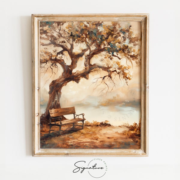 Tranquil Oak Tree & Wooden Bench Printable Art - Nature Wall Art for Bedroom and Living Room - Rustic Countryside Landscape Poster | 262