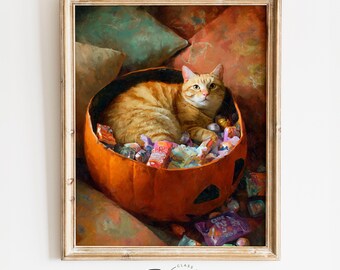 Dipinto di gatto di Halloween in zucca - Gatto soriano paffuto che si rannicchia, decorazione autunnale rustica e accogliente, stampabile, stile cottagecore autunnale 3990