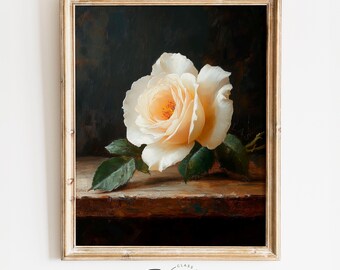 Single White Rose on Wooden Table Still Life - Vintage Botanical Art, Moody Cottagecore Decor, Rustic Flower Still Life, Printable Art 2096