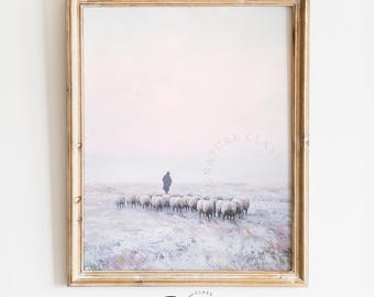 Rustic Shepherd in Misty Dawn Landscape - Serene Farm Scene, Cottagecore Printable Wall Art, Pastel Tones Painting, Digital Download 4109