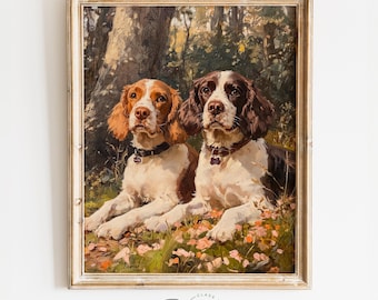 Printable Spaniels on the Edge Oil Painting - Vintage Dog Art, Rustic Animal Wall Decor, Country Cottagecore Dog Lovers Print 3883