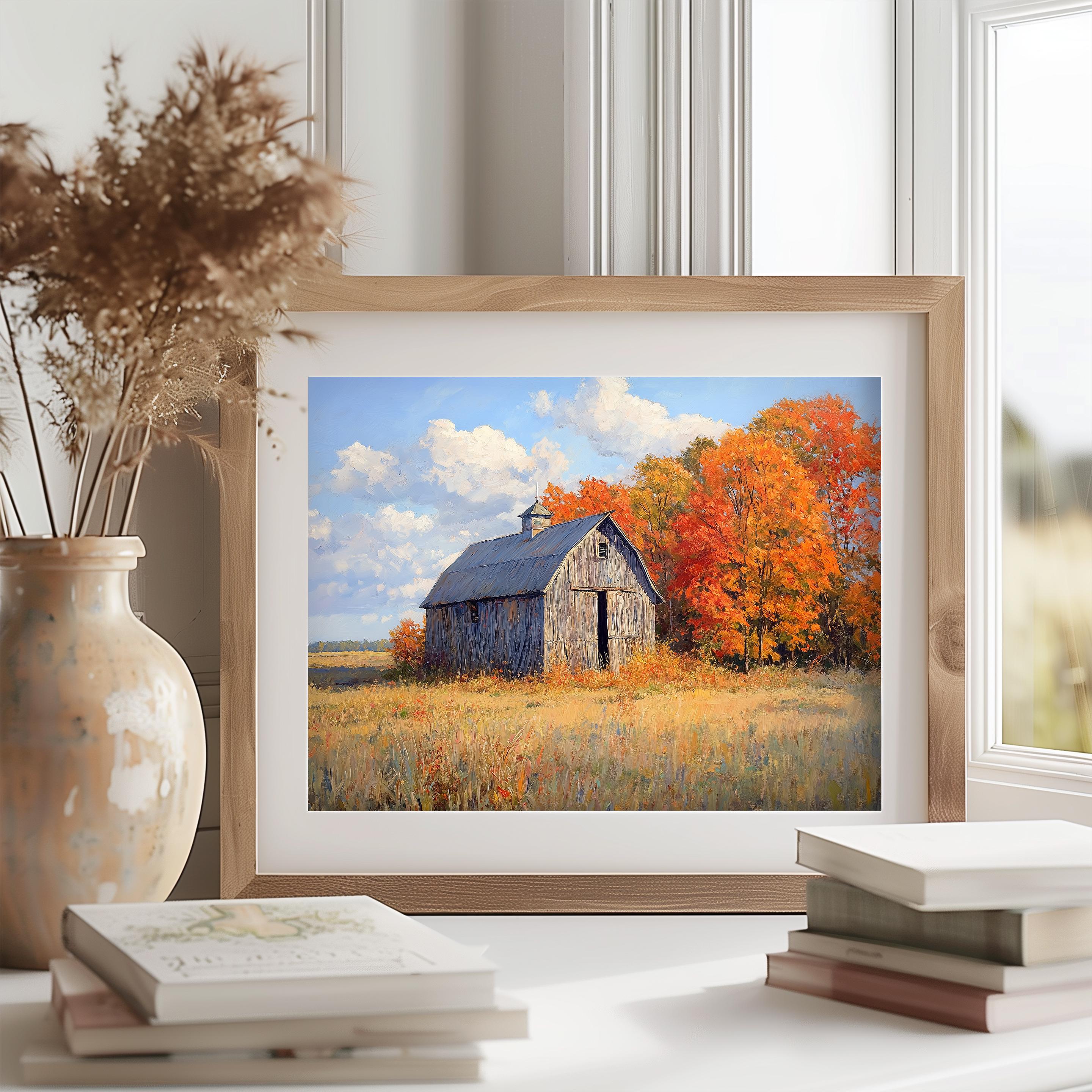 Vintage Rustic Barn Fall Landscape Painting, Autumn Fields Wall Art ...