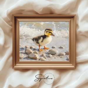 May include: A painting of a yellow duckling standing on rocks in the water. The duckling is facing right and has a yellow beak and feet. The water is blue and there are white waves in the background.