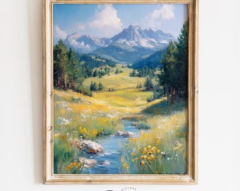 May include: A framed painting of a mountain landscape with a stream running through a field of wildflowers. The mountains are snow-capped and the sky is blue with white clouds.