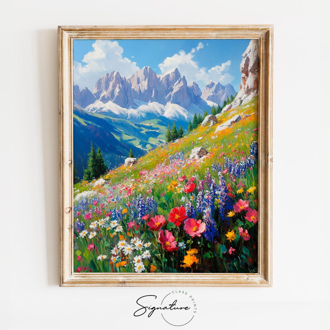 印刷可能なワイルドフラワーヒルの絵画 - 素朴な夏の風景画