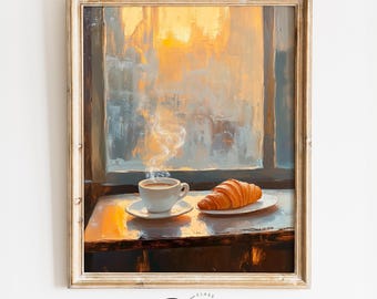 May include: A painting depicting a steaming cup of coffee and a croissant on a wooden table, set against a window with a blurred sunset backdrop.