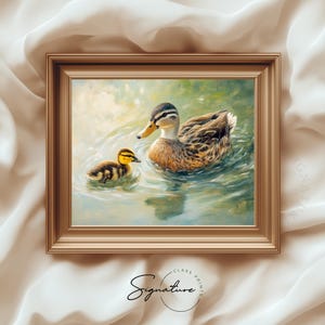 May include: A painting of a mother duck and her duckling swimming in a pond. The mother duck is brown and white with a yellow beak, and the duckling is yellow with a black head. The water is a light blue color, and the background is a soft green.