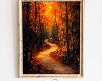 Printable Autumn Forest Path Wall Art - Rustic Fall Landscape, Moody Woodland Scene, Cottagecore Decor, Digital Painting Download 4097