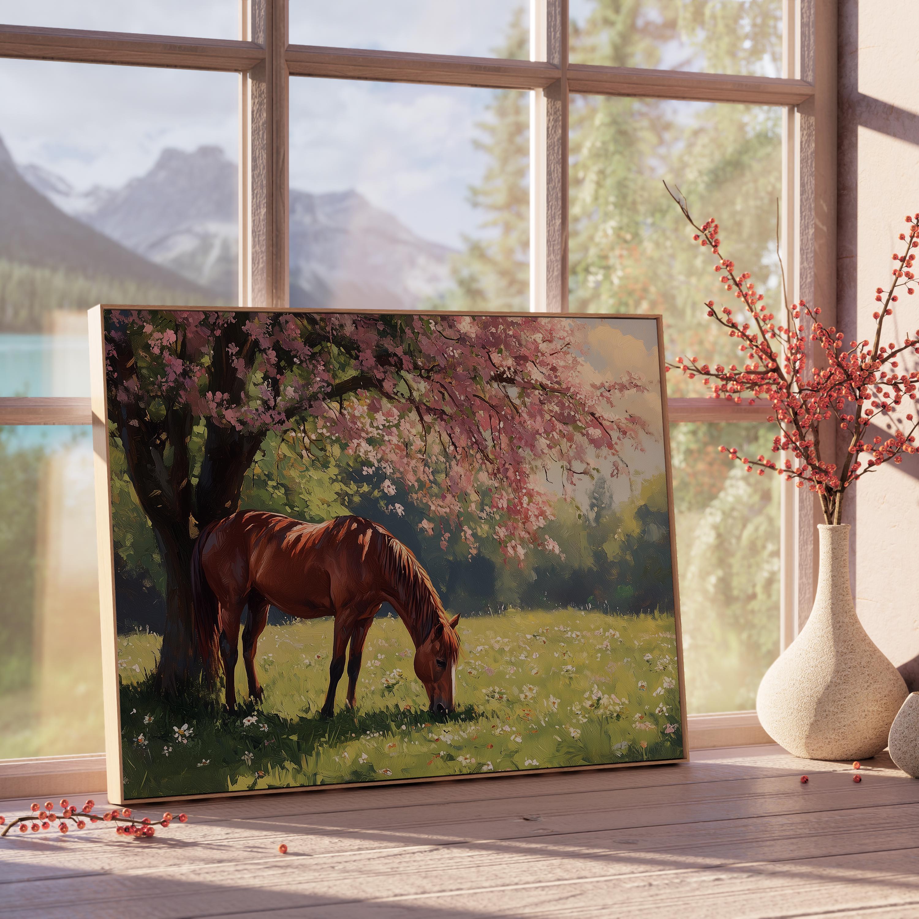 花が咲く木の下で草を食む馬の絵画、印刷可能な春の壁アート、素朴な