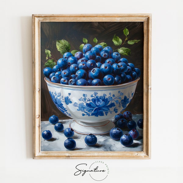 Printable Blueberries in Porcelain Bowl Painting - Summer Berry Artwork - Fresh Blueberries Decor - Juicy Fruit Illustration Piece 393