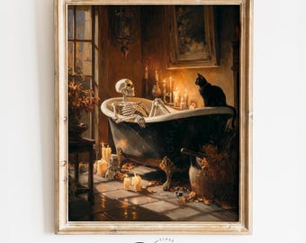 Halloween Skeleton in Antique Clawfoot Bathtub - Vintage Oil Painting, Spooky Gothic Decor, Printable Halloween Art, Rustic Wall Art 4005