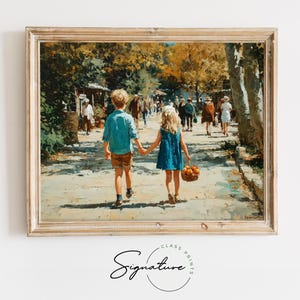 May include: A framed painting depicts two children walking hand-in-hand down a path in a park. The boy wears a blue shirt and shorts, while the girl wears a blue dress and carries a basket of oranges. The artwork has a warm, inviting color palette.